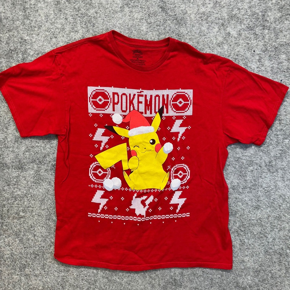 Pokemon Graphic T-Shirt Mens XL Red Excellent Pikachu Santa Holiday Ugly Sweater